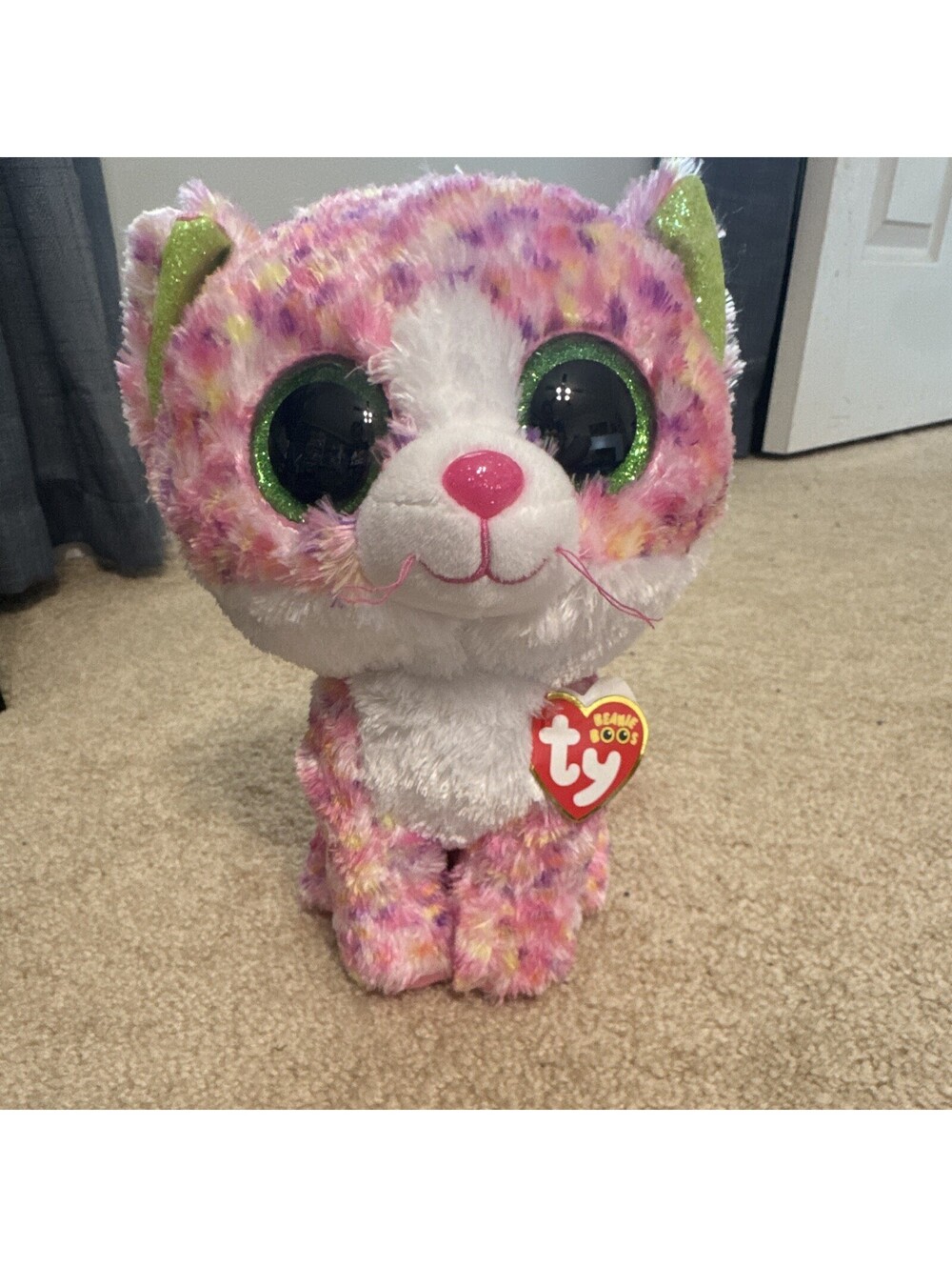 Ty Beanie Boos Cat Plush Pink Purple White w/ Green Glitter Eyes 2018 36824